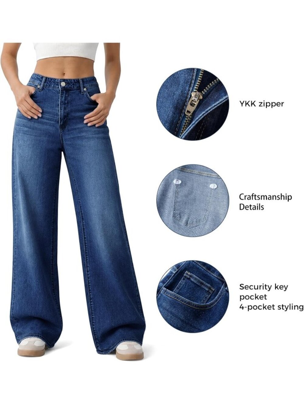 Women's Dark Blue High Waisted Baggy Loose Straight Denim Pants Wide Leg Jeans - Picture 4 of 6